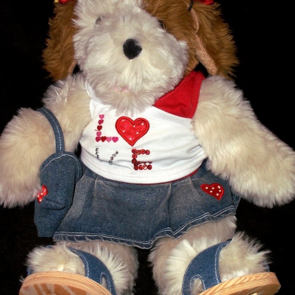 17" VINTAGE BUILD A BEAR WHITE BEIGE BROWN SHAGGY DOG W/ Valentines Day Clothes